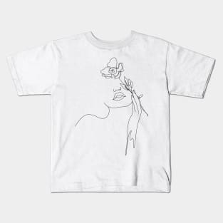 One line drawing of a woman holding a flower Kids T-Shirt